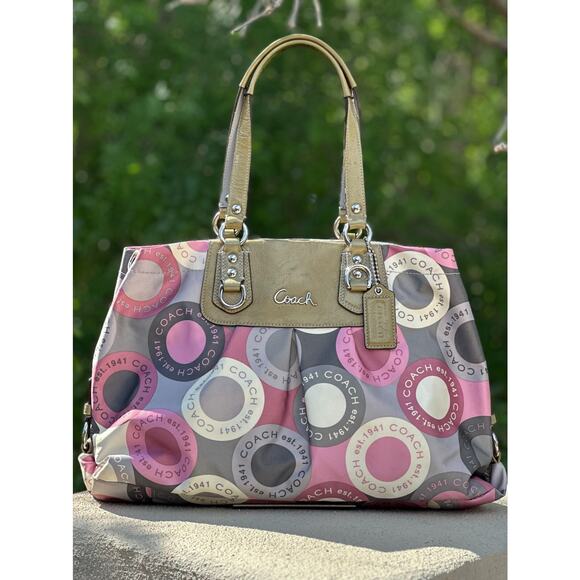 Coach Poppy Circle Print Satchel F15504 Multicolor Tote Shoulder Bag with Strap - Picture 1 of 15